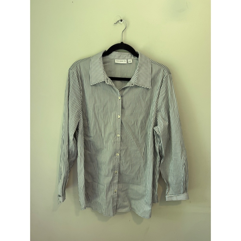 Susan Graver Grey White Striped Button Down Shirt Long Sleeve Size 16